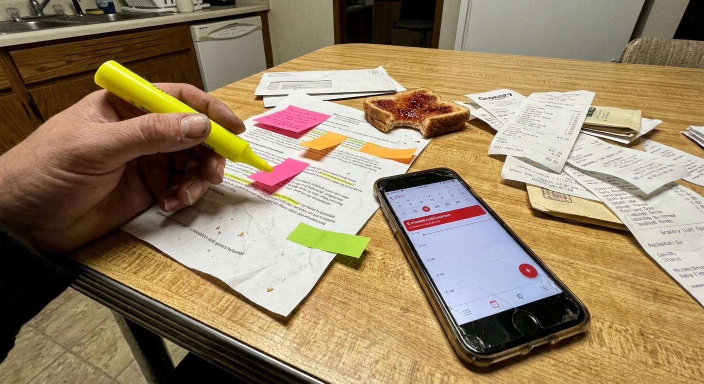 A close-up shot of hands highlighting a document on a cluttered kitchen table, representing the stress of complex paperwork.