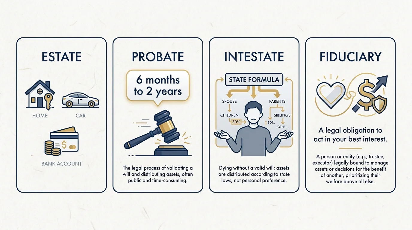A horizontal diagram defining the terms Estate, Probate, Intestate, and Fiduciary with icons and simple descriptions.