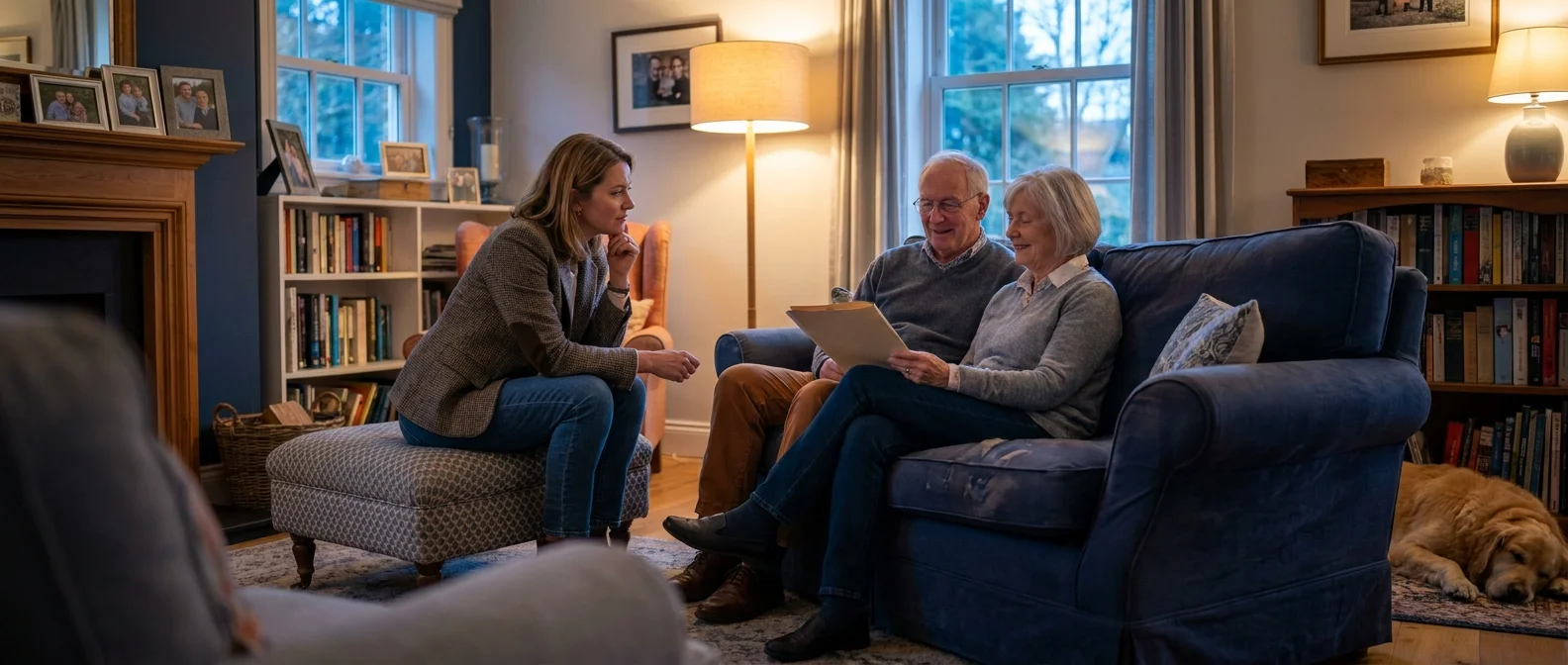 A professional advisor talking with an older couple in their comfortable living room.