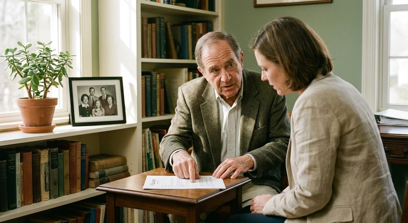A senior man and a professional advisor having a serious but calm conversation at a table in a home office.