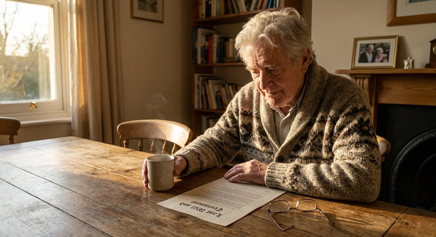 A senior man sitting at his wooden kitchen table at home, calmly reviewing his will in the afternoon sunlight.