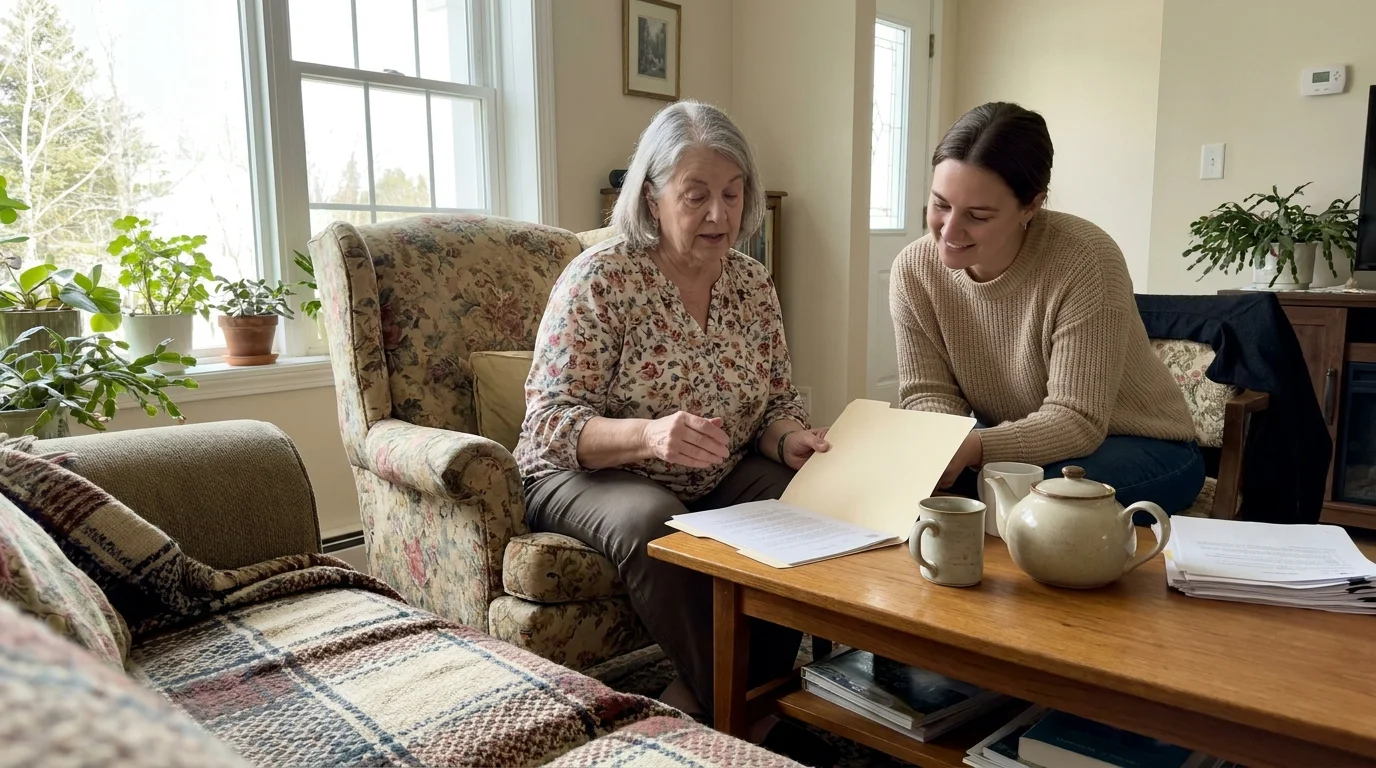 A senior woman having a comfortable conversation with a professional advisor in her sunlit living room.