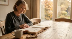 A senior woman sitting at her wooden dining table peacefully reviewing her estate planning documents in the warm afternoon light.