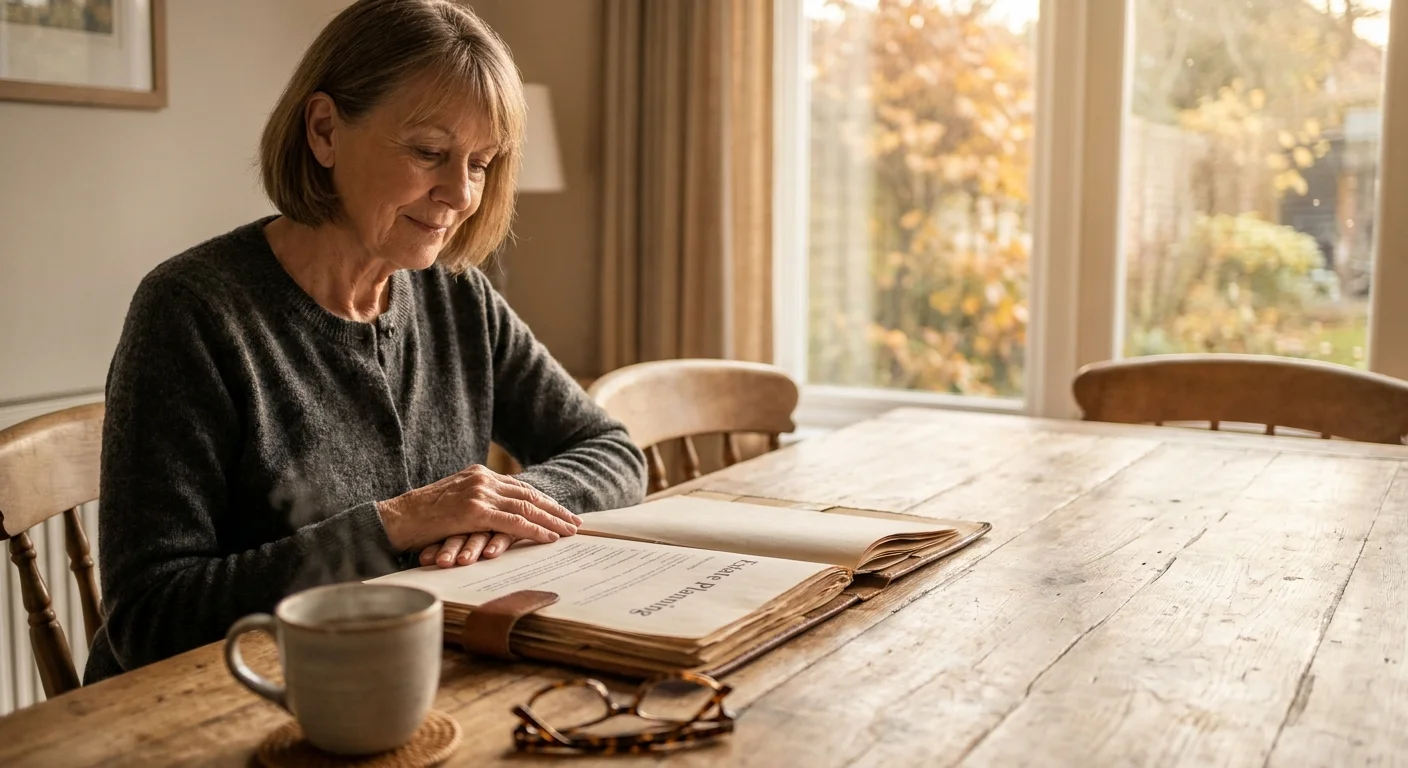 A senior woman sitting at her wooden dining table peacefully reviewing her estate planning documents in the warm afternoon light.