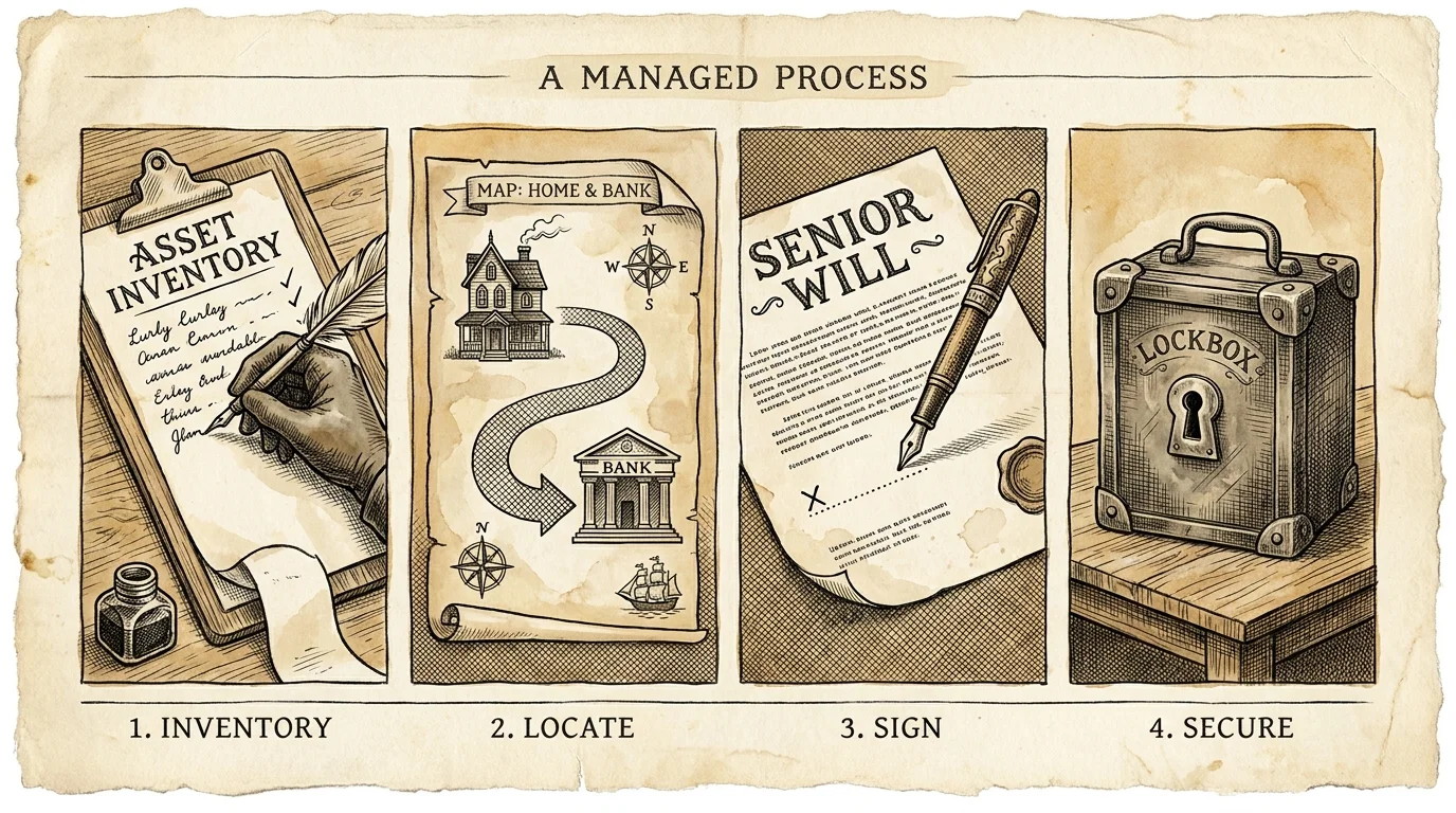 A series of four watercolor vignettes showing the steps of inventorying assets and signing a senior will.
