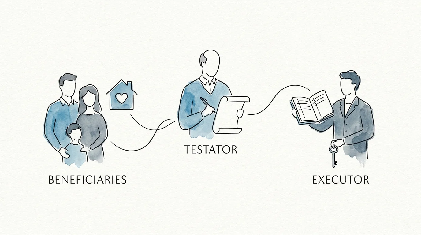 An editorial illustration showing the relationship between a testator, an executor, and beneficiaries with clear labels.