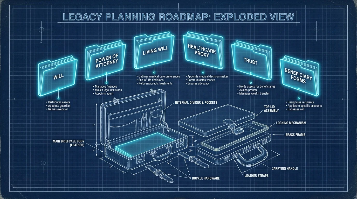 An exploded-view diagram showing six essential legal documents floating out of a briefcase, labeled for clarity.