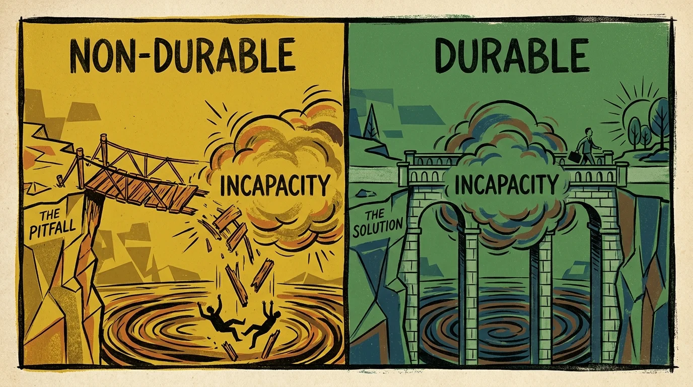 An illustration comparing a broken bridge (Non-Durable) to a continuous bridge (Durable) through a cloud of incapacity.