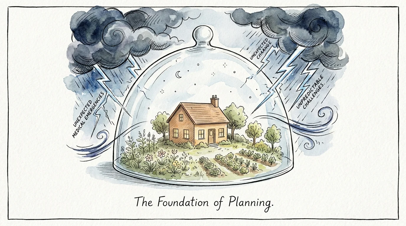 An illustration of a home protected by a glass dome from a surrounding storm, symbolizing legal protection.