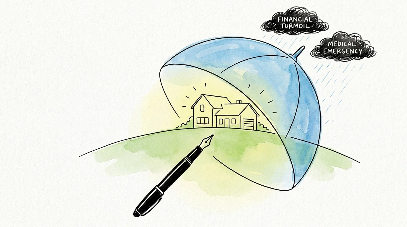 An illustration of a home protected by a glass dome shaped like a legal seal, representing the security of estate planning.