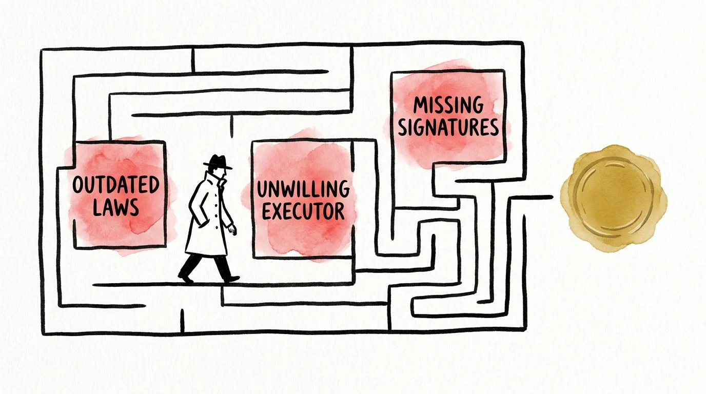 An illustration of a person navigating a maze with dead ends labeled as common legal mistakes in a will.
