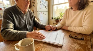 An older man and his adult daughter sitting at a kitchen table with Power of Attorney documents between them.