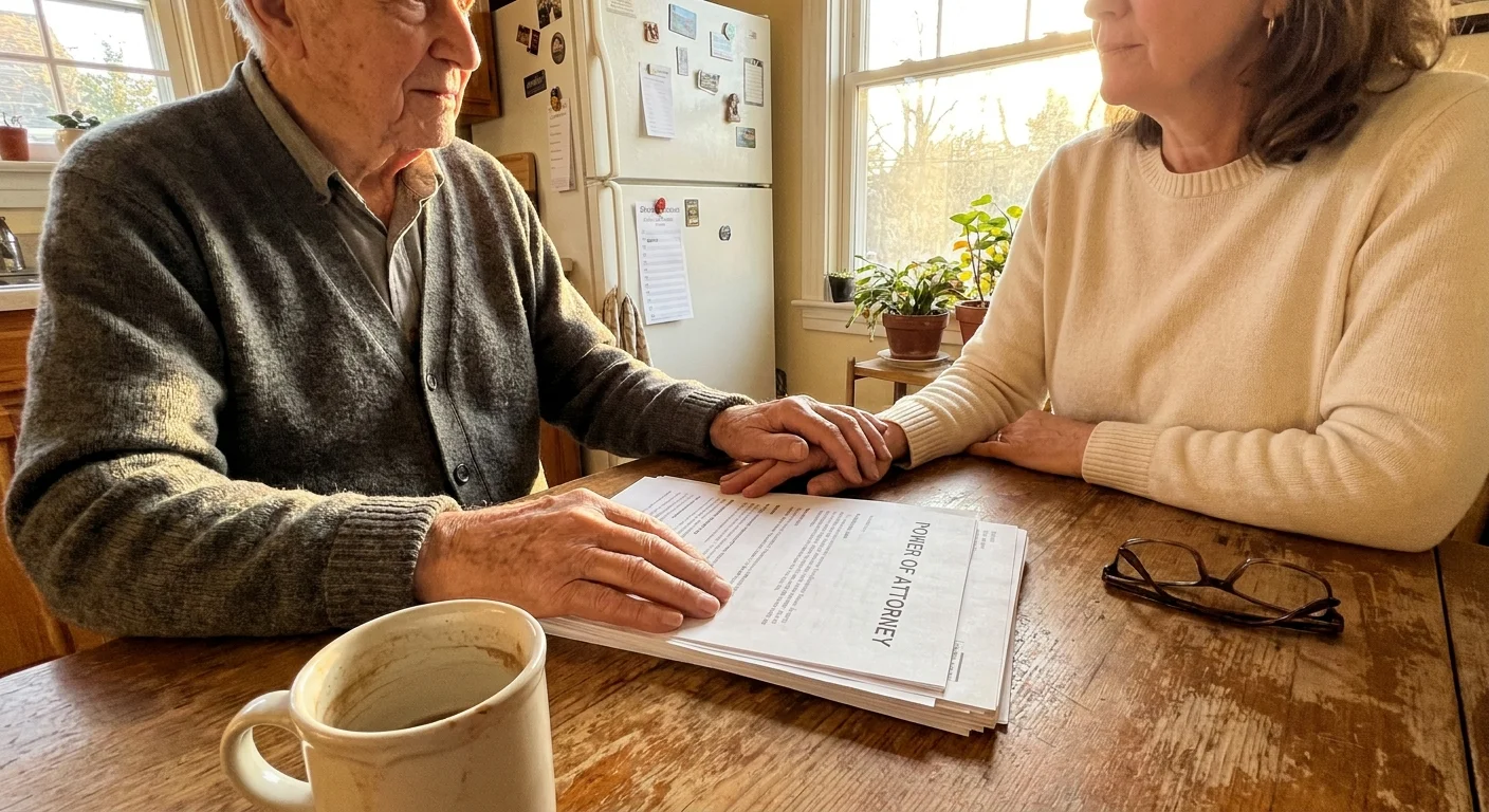 An older man and his adult daughter sitting at a kitchen table with Power of Attorney documents between them.