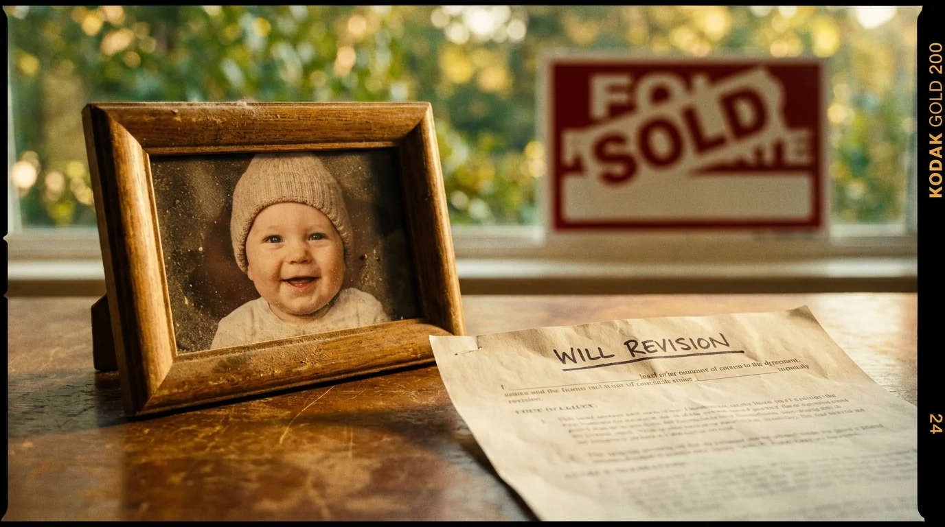 Close-up of a photo of a new grandchild and a 'Sold' sign near a will document, representing life changes.