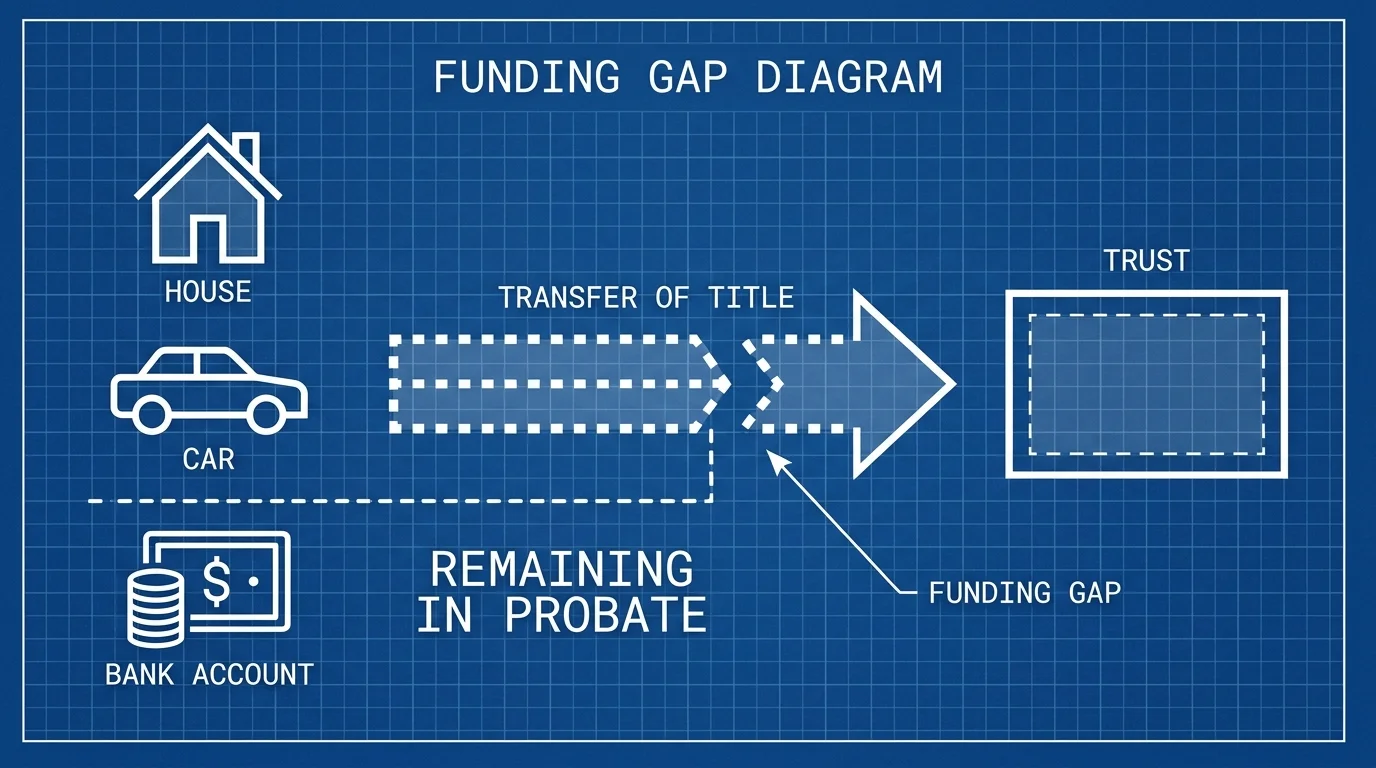 A blueprint-style diagram showing assets sitting outside of a Trust box due to a broken transfer process.
