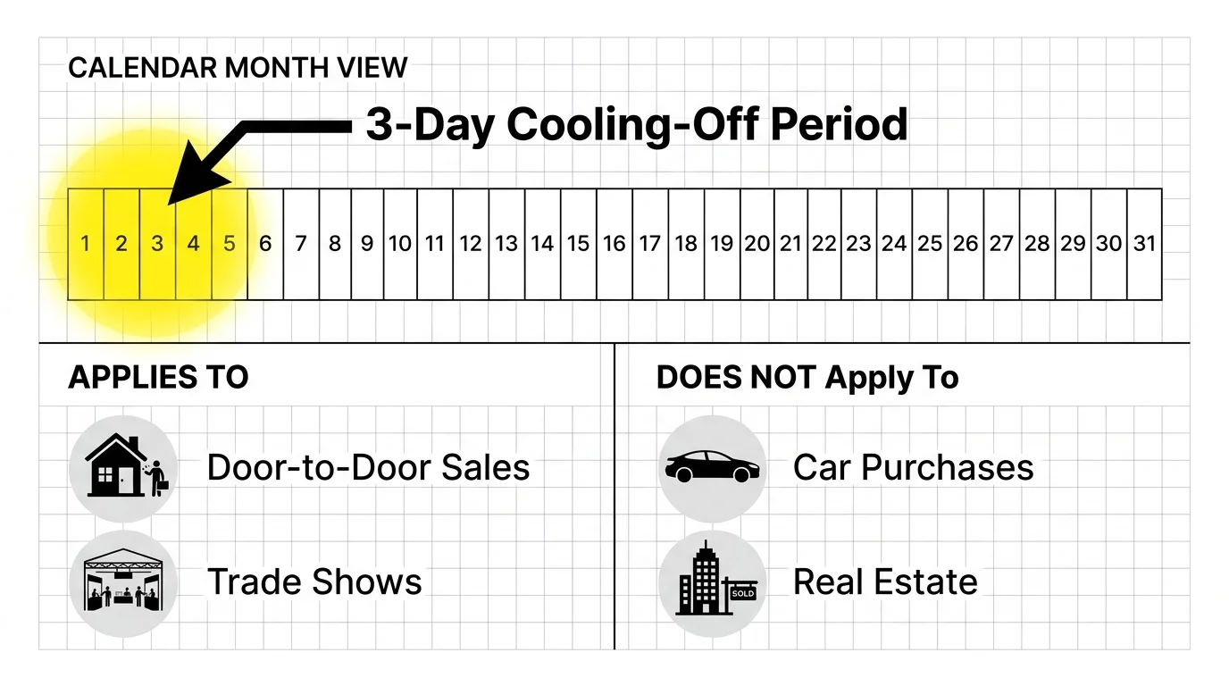 A calendar infographic highlighting a 3-day period and listing where cooling-off laws do and do not apply.