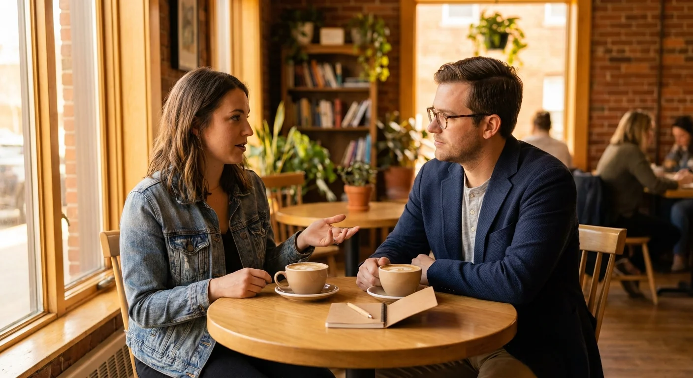 A casual meeting between two people at a cafe table, suggesting an accessible legal consultation.