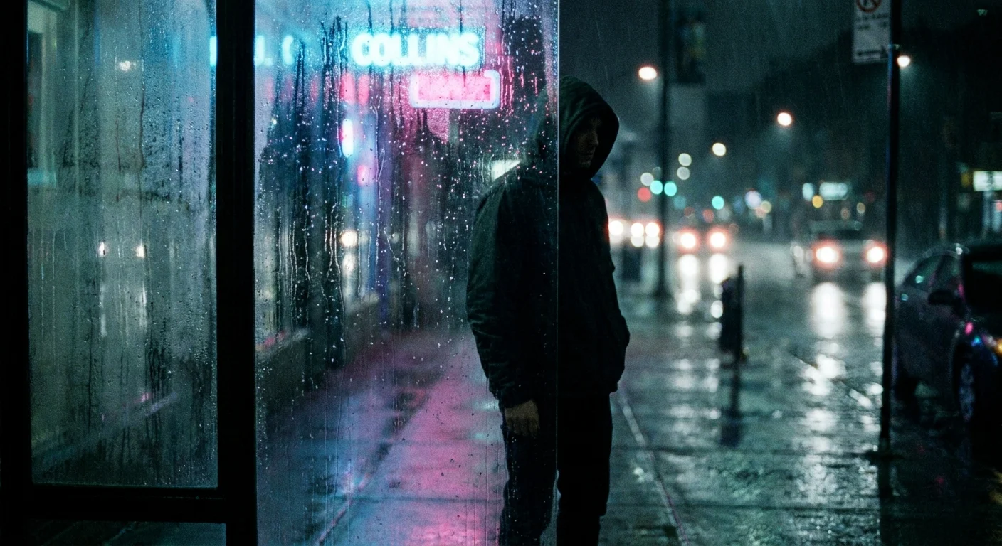 A cinematic shot of a mysterious person on a rainy city street at night under neon lights.