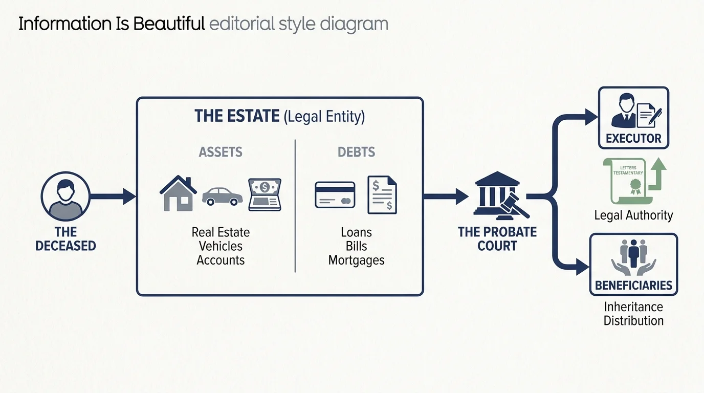 A clean editorial diagram showing the flow of assets from a deceased person through the estate and probate court to the beneficiaries.
