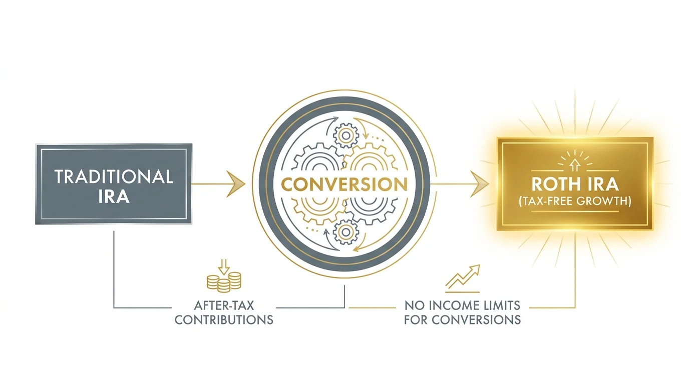 A clean process diagram showing the conversion from a Traditional IRA to a Roth IRA.