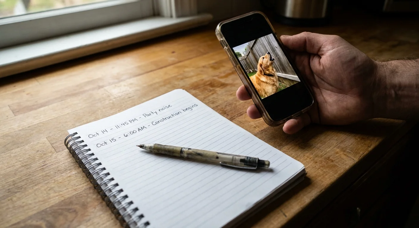 A close-up of a hand holding a phone with a photo of a dog next to a detailed logbook of neighbor incidents.