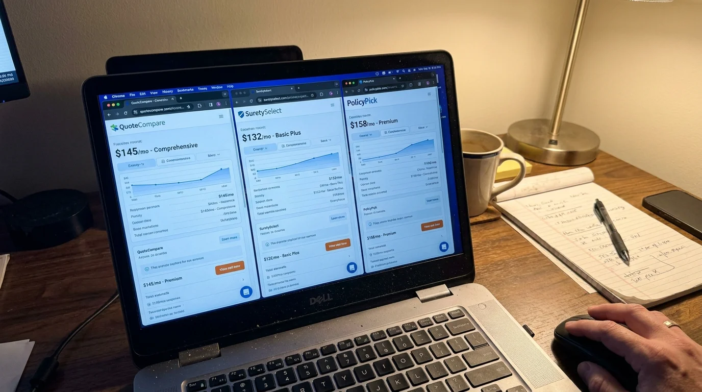 A close-up of a laptop screen showing several different insurance quotes being compared side-by-side.
