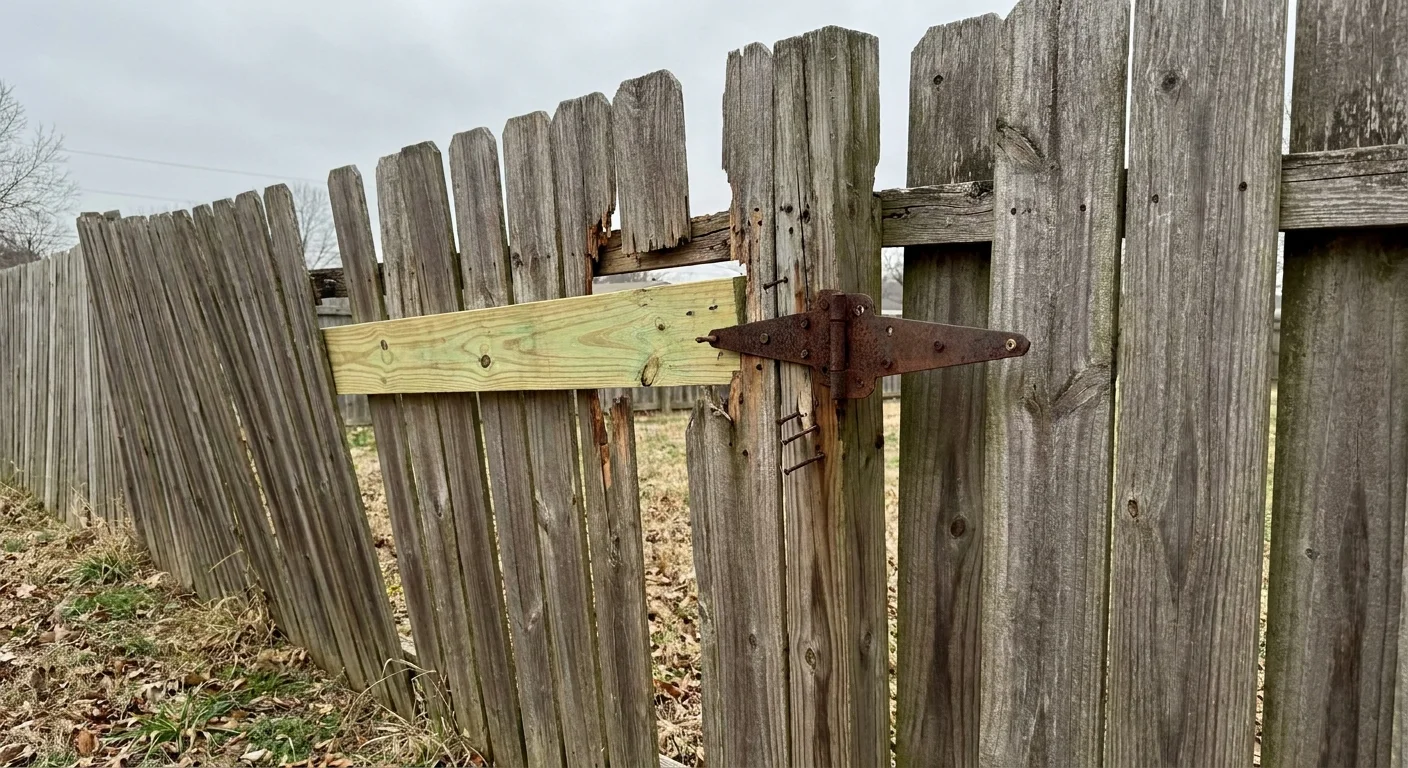 A close-up of a leaning, weathered wooden fence with a single mismatched new board and rusty hinges.