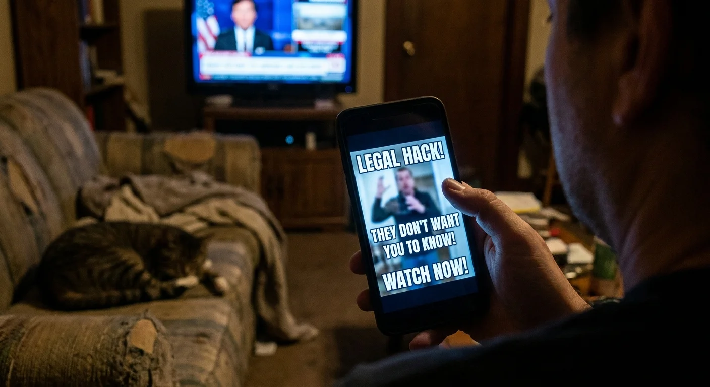 A close-up of a person holding a phone showing a social media video with sensationalist legal advice.