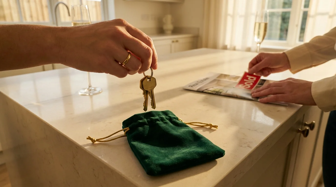 A close-up of house keys being placed in a pouch, with a 'Sold' sign blurred in the background.