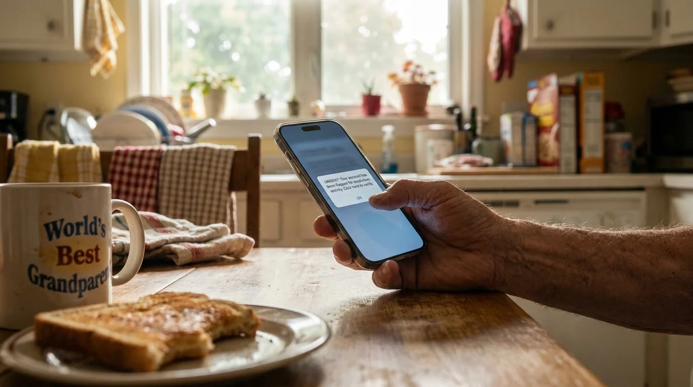 A close-up photo of a senior's hand holding a smartphone displaying a scam notification at a kitchen table.