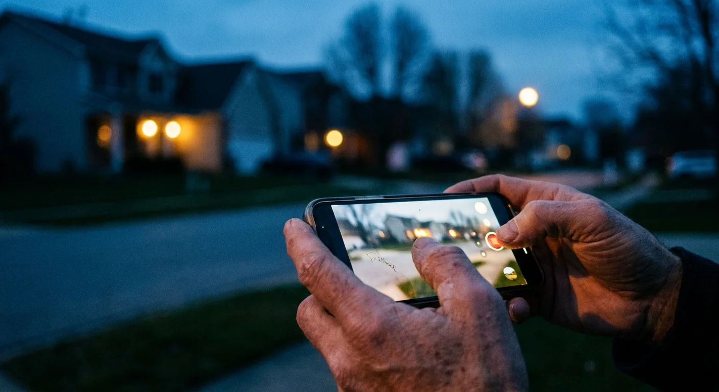 A close-up photo of hands holding a smartphone to record in a suburban neighborhood at dusk.