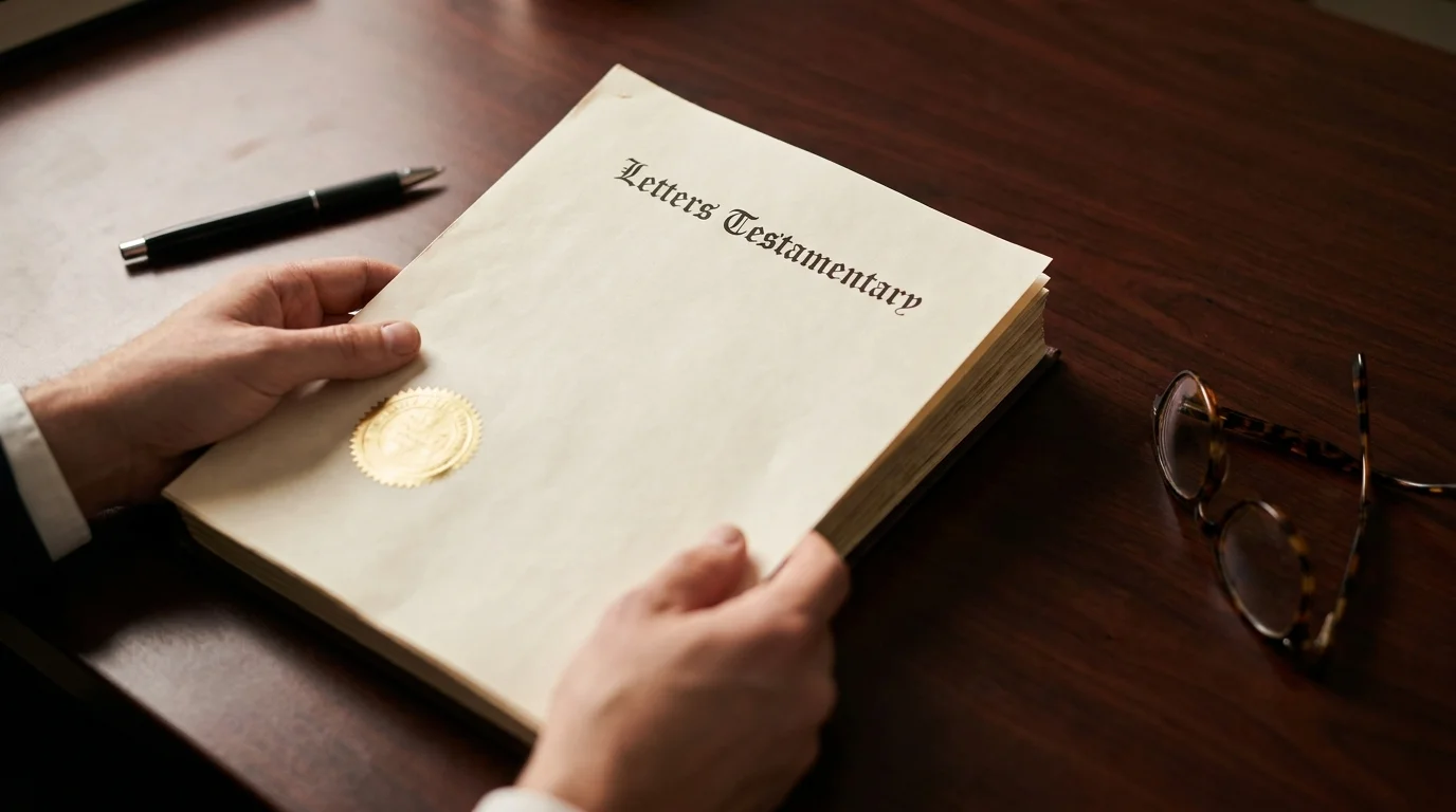 A close-up photo of hands holding an official court document titled 'Letters Testamentary' on a dark wood desk.