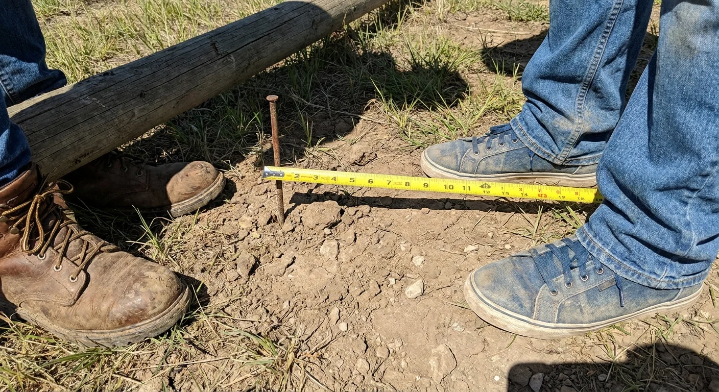 A close-up photo of two people measuring a property line in the dirt with a yellow tape measure.