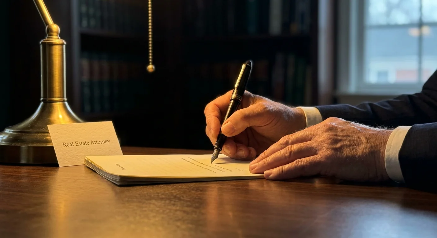 A close-up photograph of hands signing a legal document next to a real estate attorney's business card.