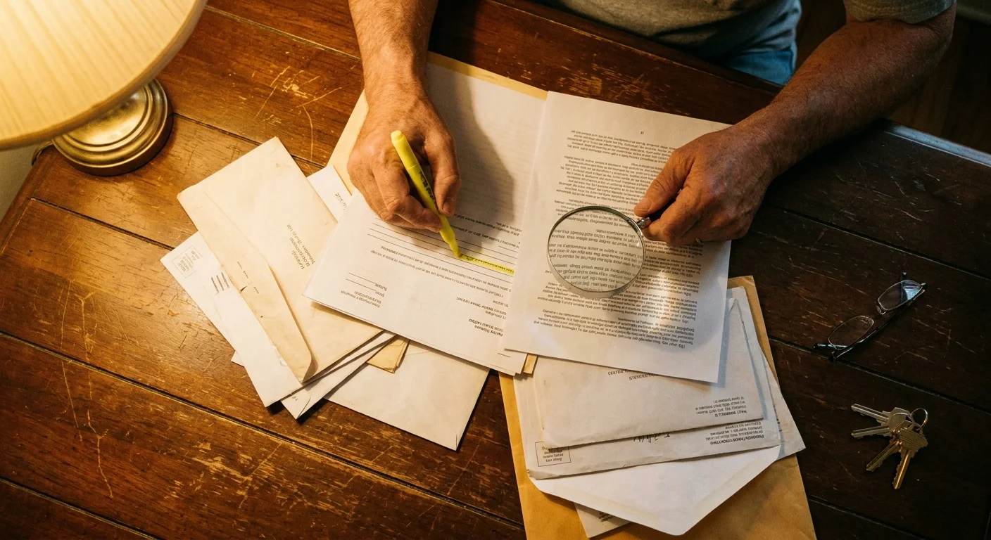 A close-up shot of hands using a magnifying glass and highlighter on a stack of documents.