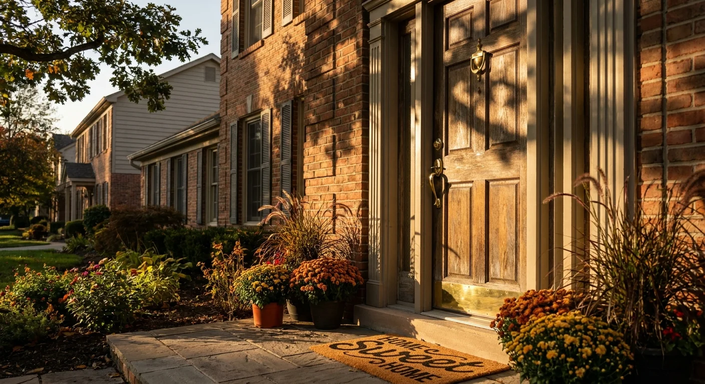 A close-up, warm-toned photograph of a sturdy front door and brick exterior of a well-maintained family home.
