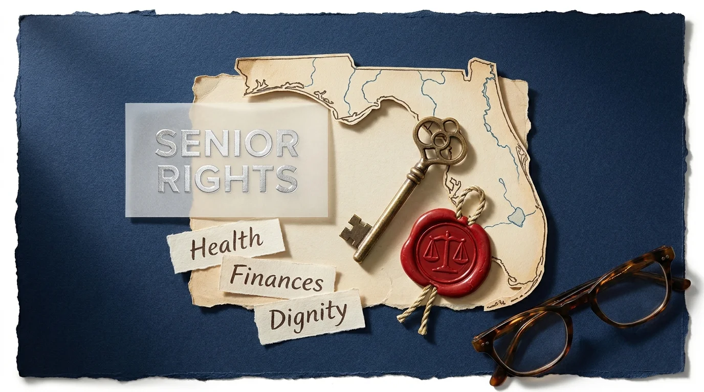 A collage featuring a map of Florida, legal symbols, and the words 'Health, Finances, and Dignity'.