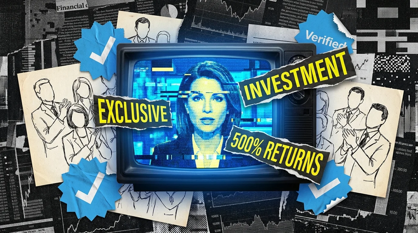 A collage showing a glitchy TV screen with a fake news anchor and investment banners.