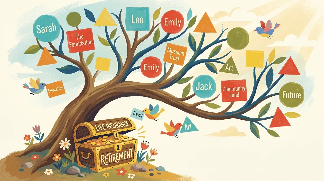 A colorful mid-century style illustration of a tree where leaves are replaced by names of family members and charities.