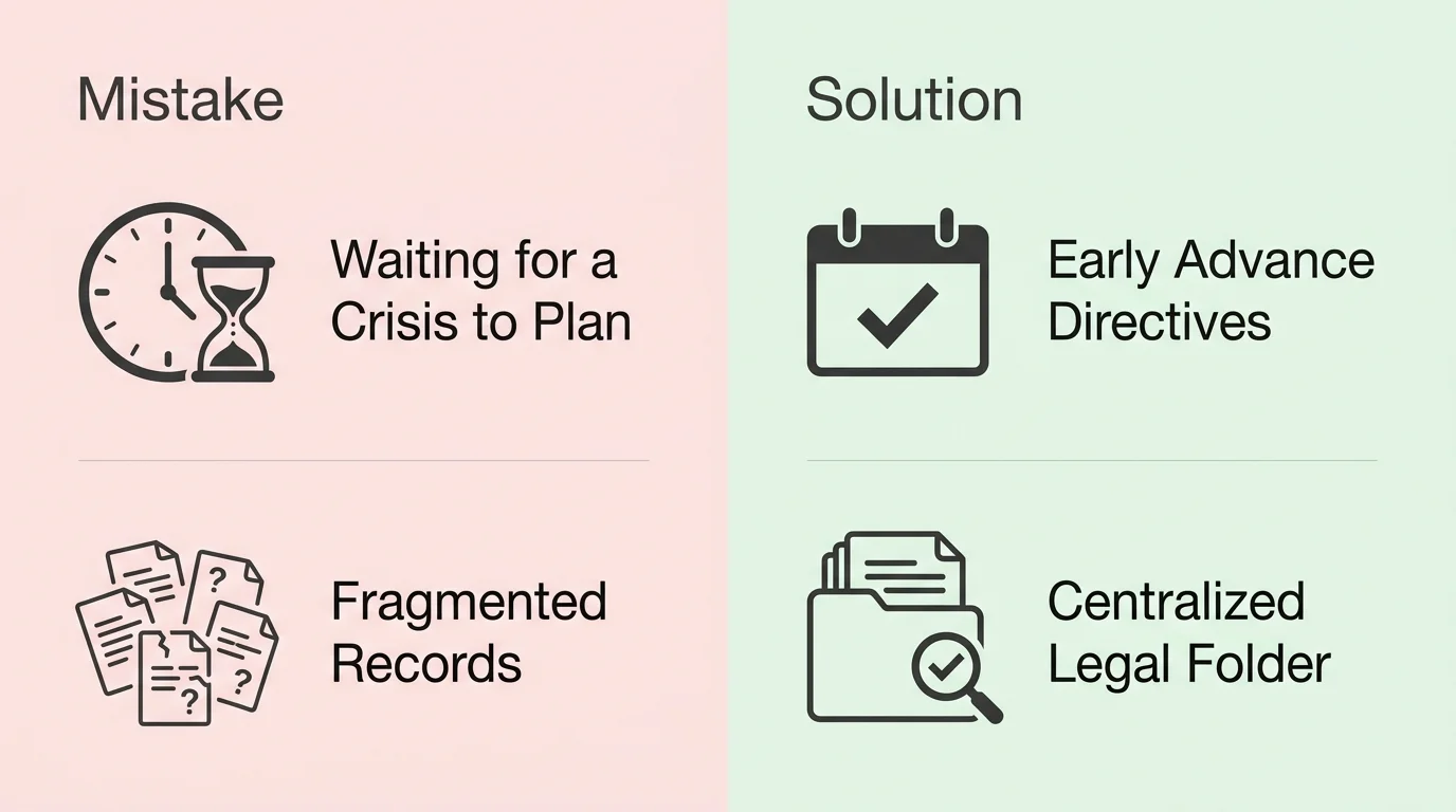 A comparison chart showing common legal planning mistakes versus proactive solutions.