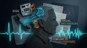 A complex collage of a senior silhouette surrounded by digital glitch effects, bitcoin icons, and sound waveforms representing 2026 scams.