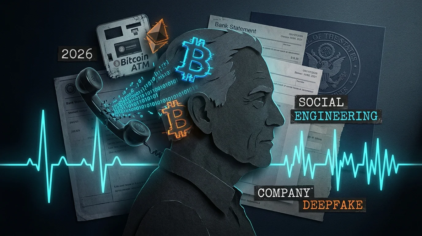 A complex collage of a senior silhouette surrounded by digital glitch effects, bitcoin icons, and sound waveforms representing 2026 scams.