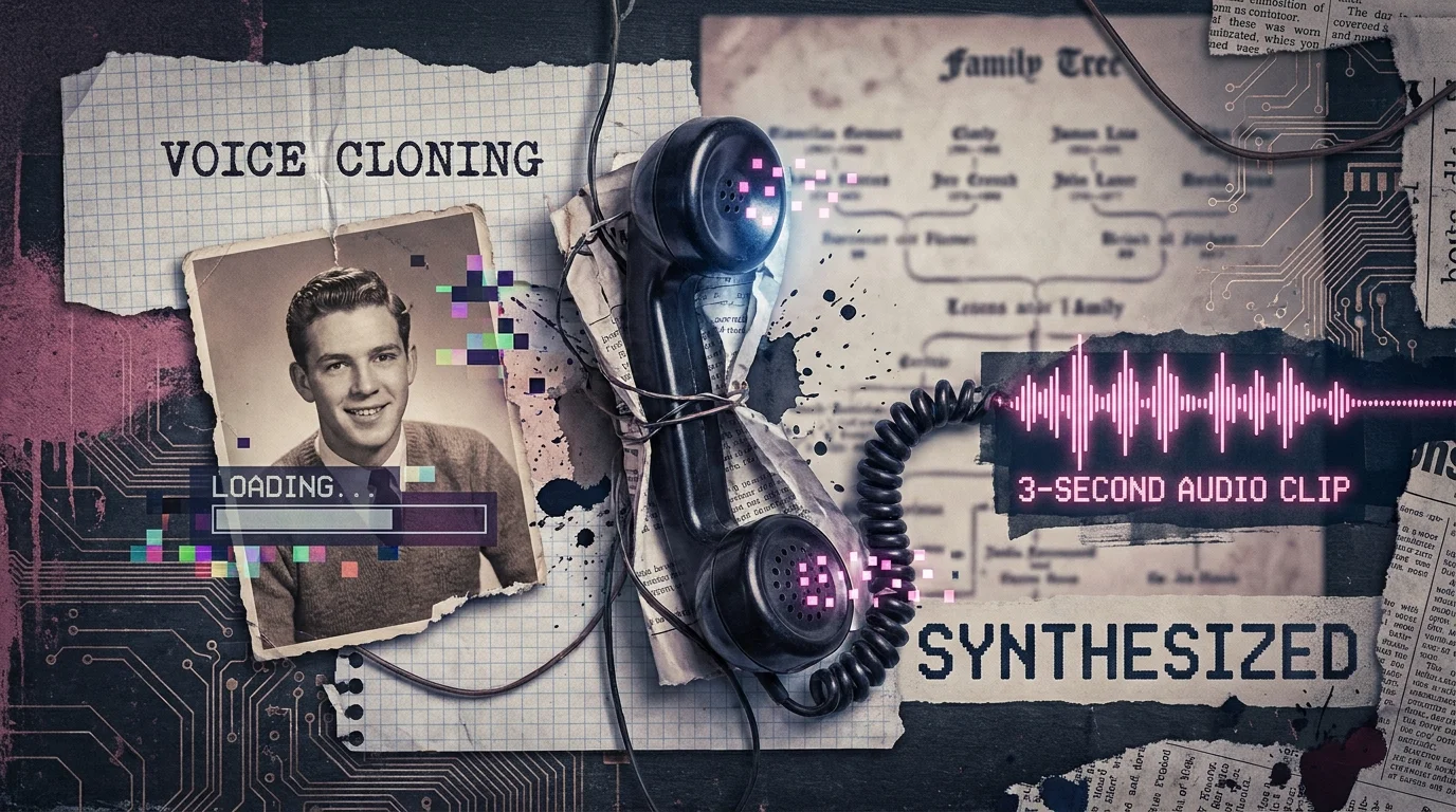 A conceptual collage showing a telephone handset emitting digital waveforms next to a pixelated family photo.