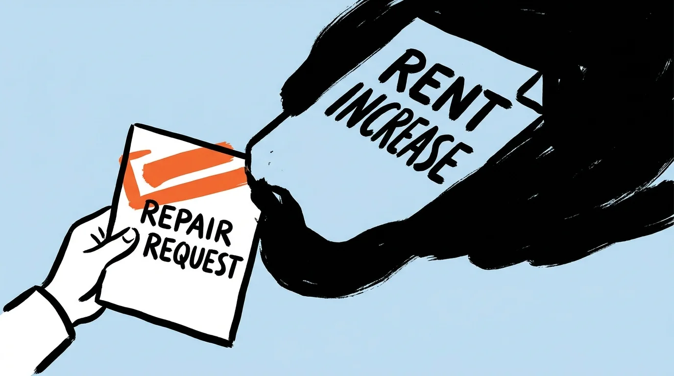 A conceptual drawing of a 'Rent Increase' notice looming like a shadow over a tenant's repair request.