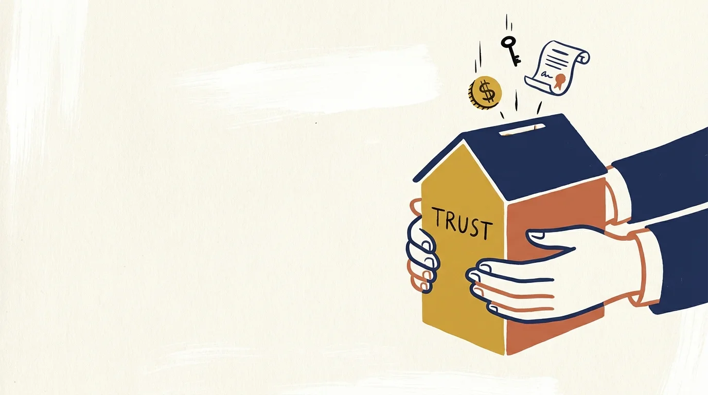 A conceptual illustration of a house-shaped vessel being filled with assets, protected by two hands.
