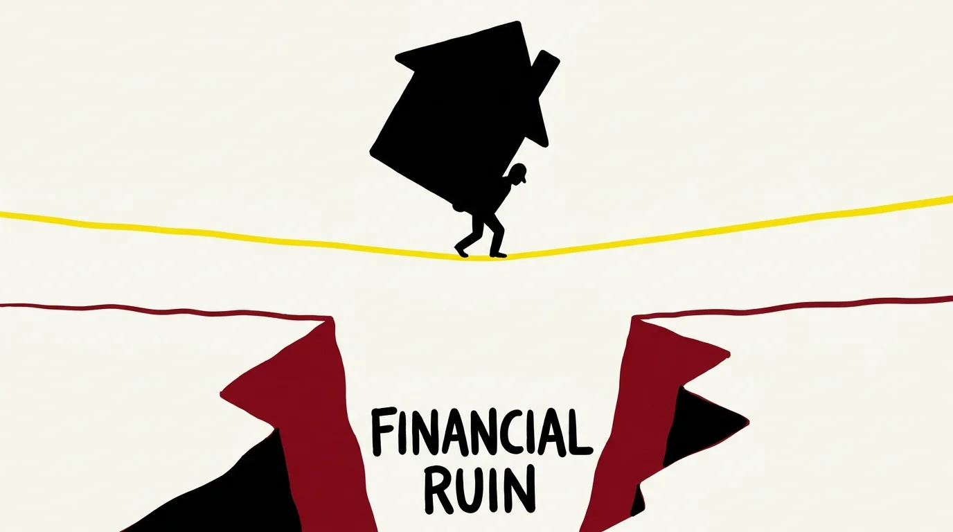 A conceptual illustration of a person walking a tightrope while carrying a house, representing the risk of dropping insurance.