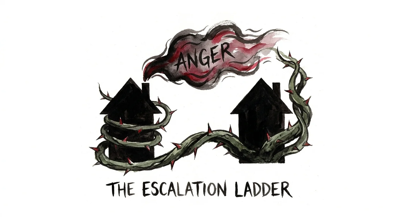 A conceptual illustration of two houses attacking each other with clouds and vines, representing retaliation.