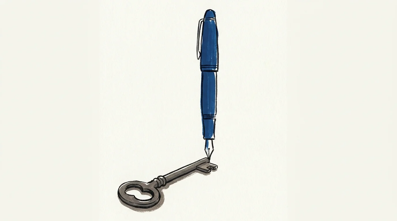 A conceptual illustration showing a fountain pen casting a shadow in the shape of a key.