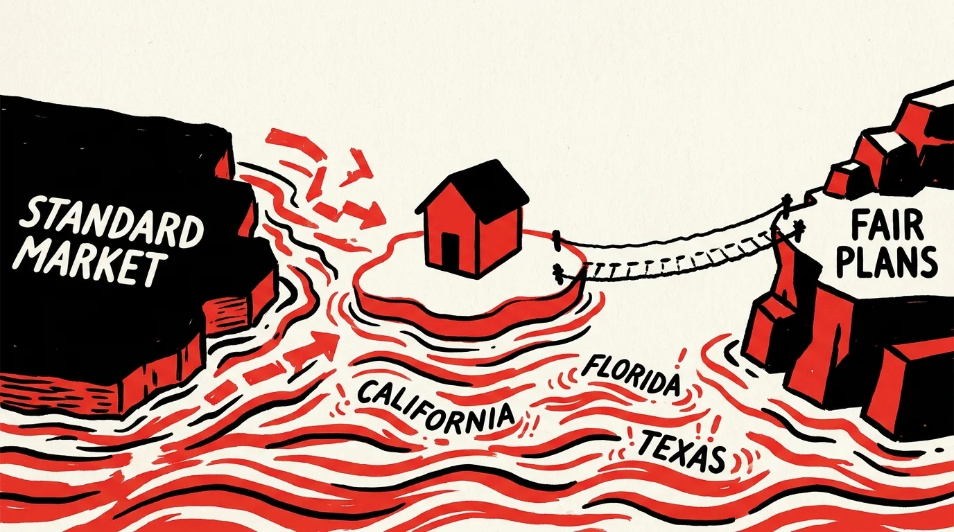 A conceptual illustration showing the transition from the standard insurance market to state-backed FAIR plans.