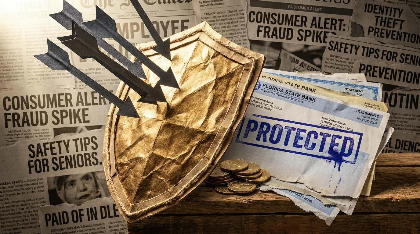 A conceptual image of a golden shield protecting bank statements and coins from falling arrows.